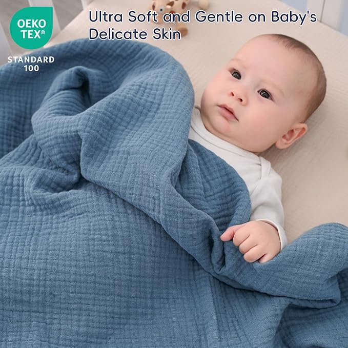 PHF Baby Muslin Swaddle Blanket, 100% Cotton Soft Breathable Receiving Blankets for Boys and Girls, 4-Layer Swaddle Wrap Burping Clothes, Baby Essentials, Large 47 x 47 inches, Prussian Blue