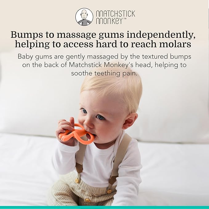 Matchstick Monkey Silicone Teether & Gel Applicator ??Silicone Baby Teether, Easy-to-Grip, BPA-Free, Supports Self-Soothing & Early Brushing, 3 Months+, 4 Inches, Orange