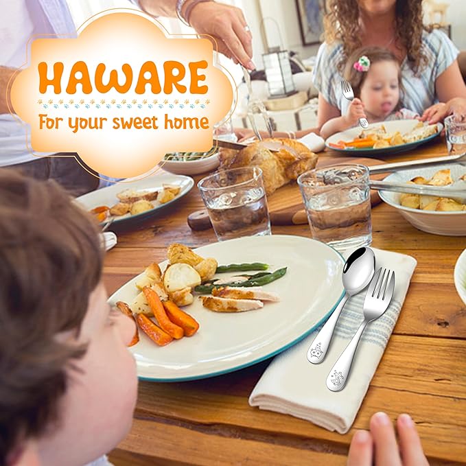 HaWare 8 Pieces Toddler Utensil Sets, Stainless Steel Kids Silverware Set Includes Toddler Forks and Spoons, Kids Safe Cutlery Set for Self Feeding, Cute Animal Handle Pattern, Dishwasher Safe
