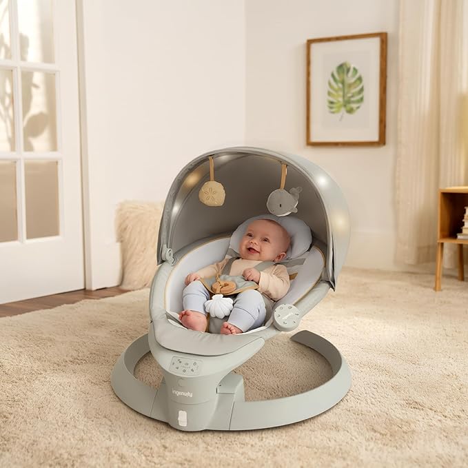 Ingenuity Inlighten Bounce & Sway Swing, Bluetooth Music, Canopy with Lights & Toys, Touch & Remote Controls, 3-in-1 Seat Modes, Machine Washable Pad, Ages 0+ Pebble Shore
