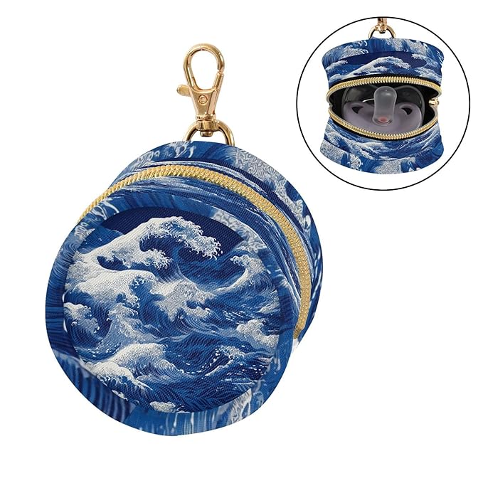 Pacifier Holder with Clip Pacifier Case for Diaper Bag Round Baby Pacifier Pouch Box Bag Portable Japanese Deep Blue Sea Waves