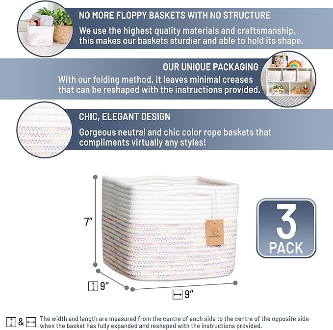 NaturalCozy Storage Cubes 9?�x9?�x7?�Cotton Rope Woven Baskets for Organizing 3-Pack | 9 Inch Cube Storage Bin | Small Basket for Shelf Nursery, Pantry, Decorative Plant, Bathroom Closet, Toy Gift