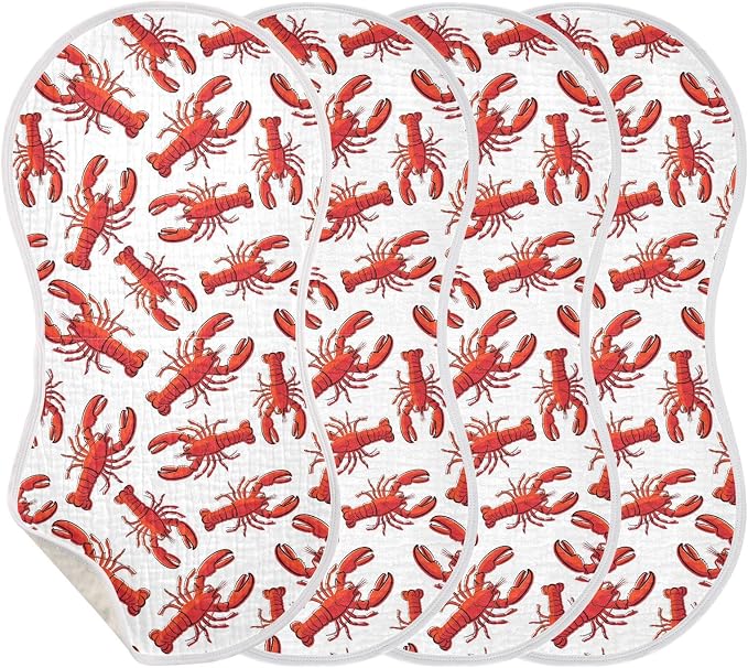 Muslin Burp Cloths for Baby Boys and Girls - 4-Pack Ultra Absorbent Lobsters Muslin Washcloths, Newborn Towel, Milk Spit Up Rags, Burp Cloth Bib for Unisex, 22 x 11 Inch