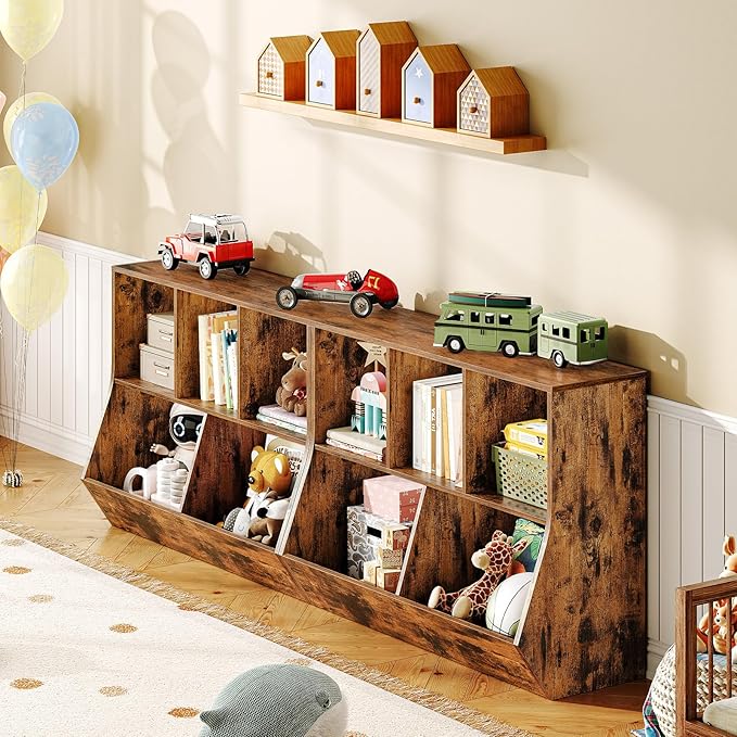 HOOBRO Kids Bookshelf, Bookcase Footboard, Toy Storage Cubby, 35.4" L Children's Toy Shelf, Toy Storage Cabinet, Fit for Children's Room, Playroom, Hallway, Kindergarten, Rustic Brown BF32CW01