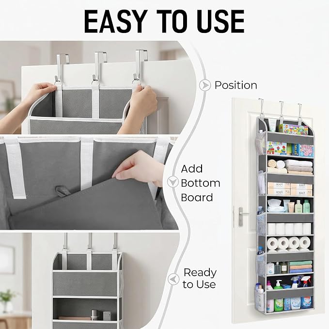 Over the Door Organizer with Toiletry Bag - 5 Self Hanging Organizer with 5 Large Pockets - Heavy Duty Behind the Door Storage for Bedroom, Bathroom, Pantry, Nursery (Grey)