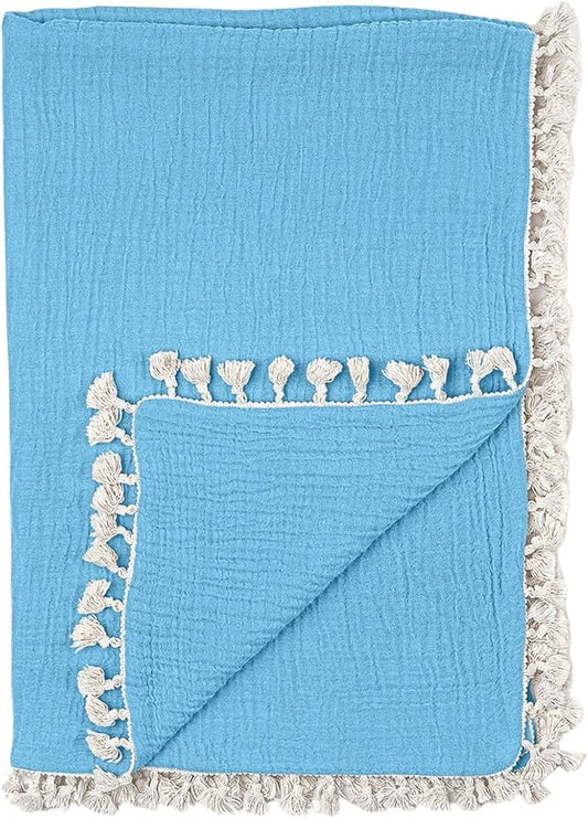 Crane Baby Muslin Swaddle Blanket, Soft Cotton Lightweight Nursery and Stroller Blanket for Baby Boys & Girls, Capri Blue, 30" x 40"