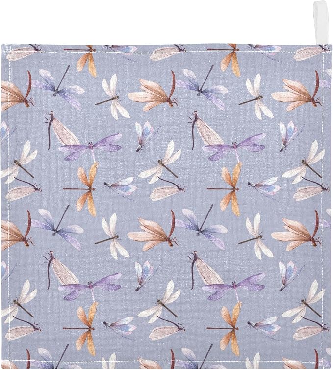 Baby Washcloths Cotton Dragonfly Baby Muslin Washcloths Soft Baby Face Towel for Newborn Infants Baby Wipes, 11.8 X 11.8 Inch, 5 Pack Lilac