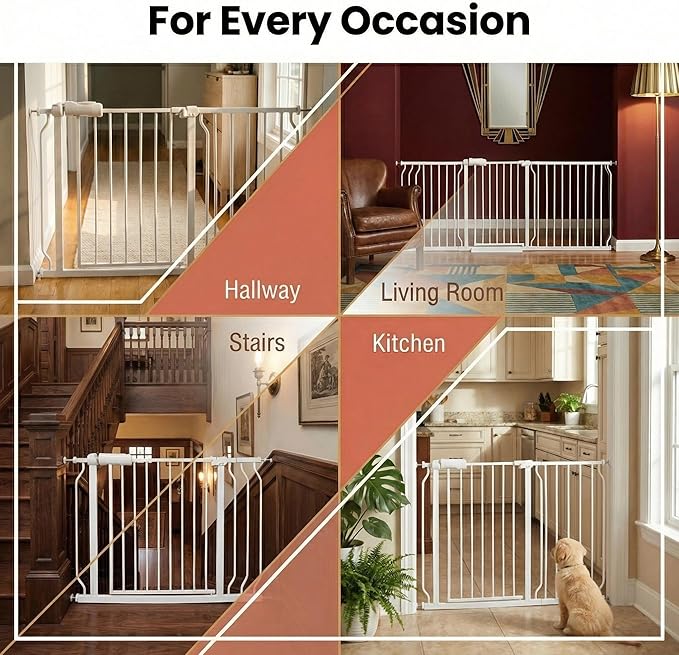 Extra Wide Baby Gate, 57.5-62 Inch - White Metal, Pressure Mounted Indoor Safety Gate, Walk-Through Dog Gate for Kids & Pets