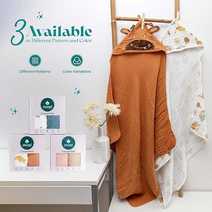 Chungie Soft Muslin Hooded Baby Towels 32x32 inches ??100% Cotton, 6-Layer Breathable Newborn Bath Towels with Hood, Pack of 2 (Printed + Embroidered)