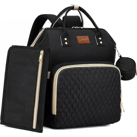 ROSEGIN Diaper Bag Backpack with Changing Pad Pacifier Case, Baby Bag for Boy Girl Toddler - Large,Stylish, Waterproof Travel Quilted Diaper Bag for Mom - Baby Shower Gifts, Black