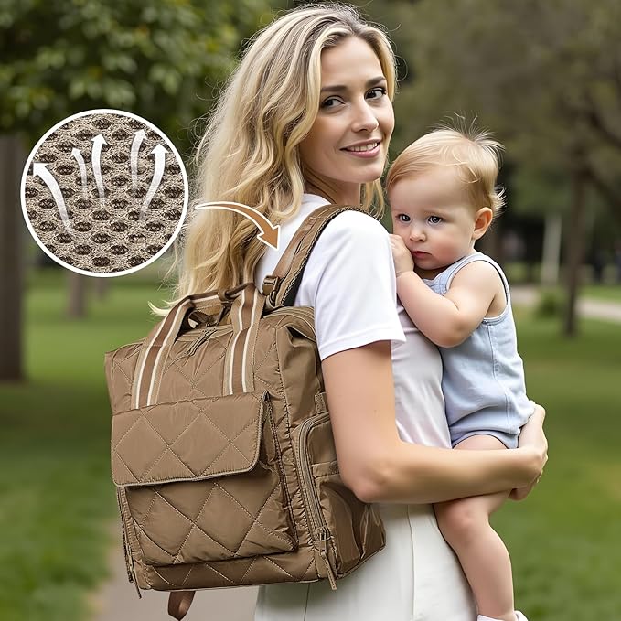 Omanmoli Diaper Bag Backpack Quilted Baby Diaper Bag Lunch Backpack Pañaleras Para Bebe for Working Moms with 11 Pouches,Large Insulated Cooler Compartment,Stroller Straps,Changing Pad,Brown