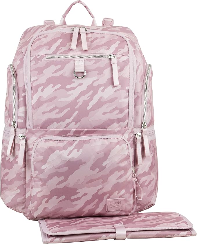 BODHI Baby Waterproof Multi-Function Travel Essentials Baby Tote Diaper Bag Backpack Changing Pad, Stroller Straps for Parents, Unisex, Pink Fluid Camo