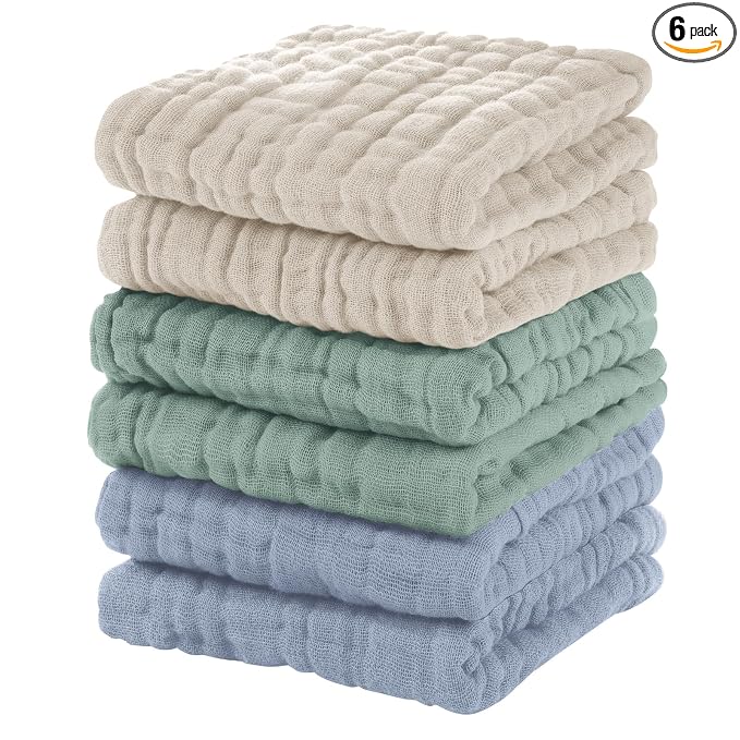 Unnivoll Muslin Burp Cloths Baby 12''X12'', Baby Washcloths 6 Pack, 100% Cotton Baby Wash Cloths Absorbent and Soft for Newborn Infants Kids Boys Girls - Apricot Green Sapphire Blue