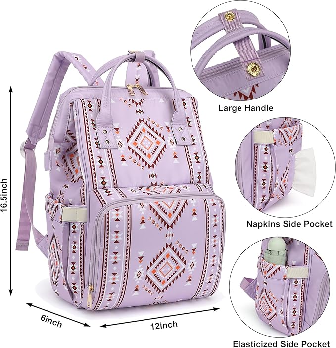 Boho Diaper Bag Backpack for Mom Dad, Multifunctional Bohemia Baby Nappy Backpack with Stroller Straps Insulated Pockets (Purple)