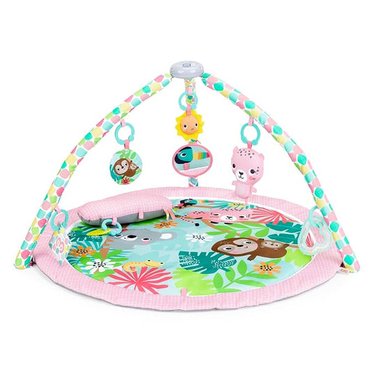Bright Starts Rosy Rainforest Foldaway Activity Gym with Carry Bag for Storage & Travel, Pink Play Gym, Newborns & Up
