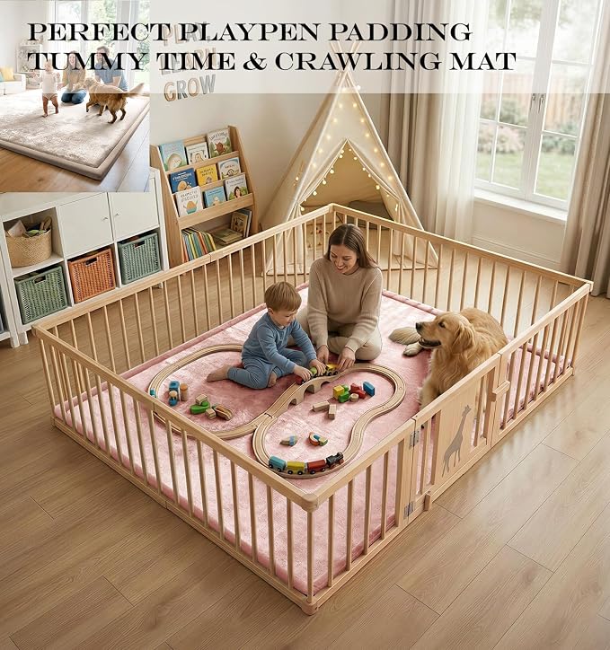 AEOCOO Extra Large 79x118 Baby Play Mat for Floor, 1.3" Thick Memory Foam Nursery Rug, CloudSoft Velvet Anti-slip Cushion, Tummy Time Mat for Toddler Baby Kid Crawling, Living Room, Tatami Style, Pink