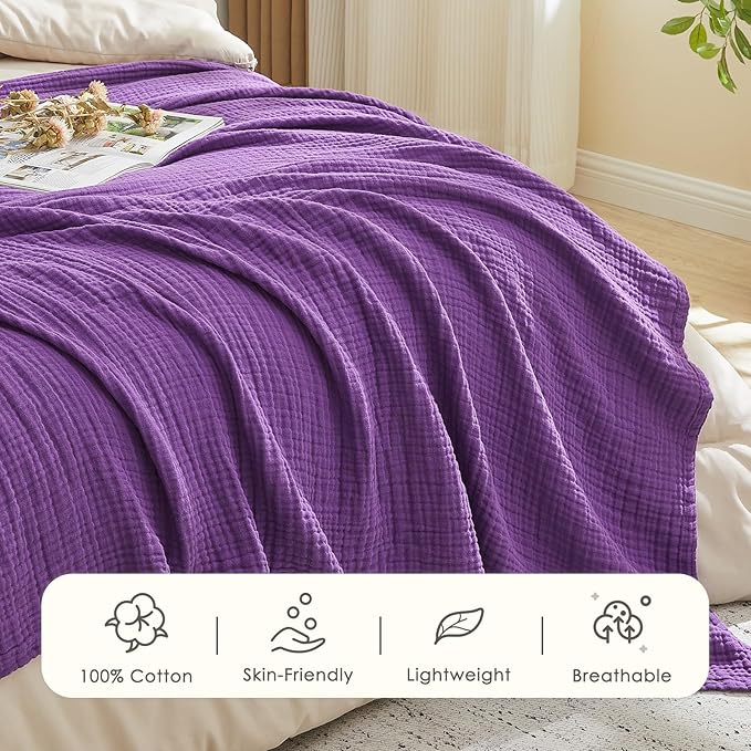 EMME Cotton Muslin Throw Blanket Couch Breathable Gauze Blanket Soft Lightweight Blankets Adults (Purple, 50"x60")