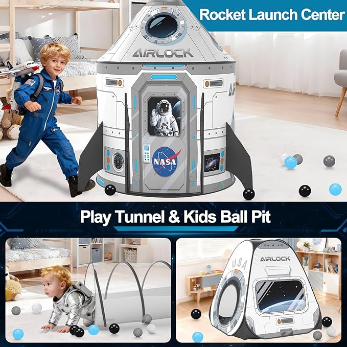 3Pcs Kids Rocket Play Tent for Boys: Pop Up Toddlers Spaceship Playhouse with Baby Crawl Tunnel, Ball Pit and Castle Tent - Children Game Tent Toys Indoor and Outdoor for Birthday