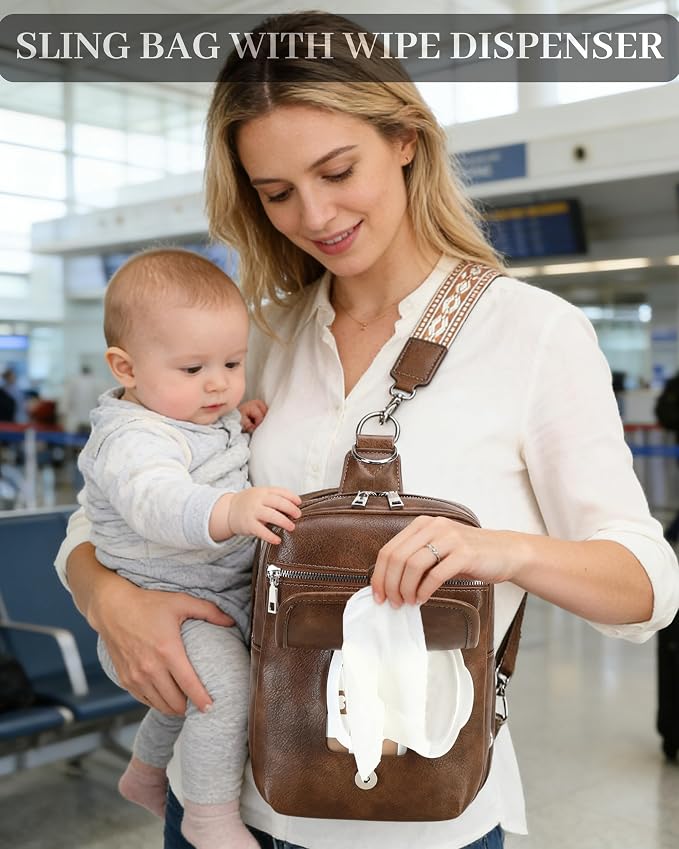 MYHOZEE Small Diaper Bag Crossbody Sling Purse for Women - 2 in 1 Leather Backpack with 2 Straps for Short Trips Work Daily | Mini diaper bag