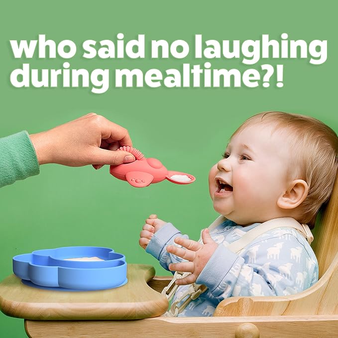 Vroom Spoon - 100% Silicone Soft Training Spoon for Spoon Feeding, Self-Feeding and Baby Led Weaning, Ergonomic Grip with Finger Slot for Easy Fun Feeding (Blue) (1 Spoon, Pink)