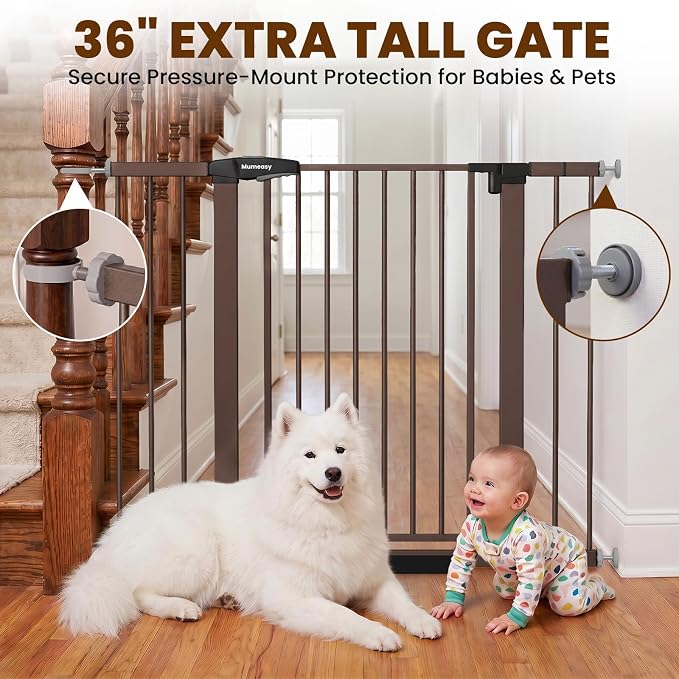 Mumeasy 36" Extra Tall Dog Gate, Auto Close Baby Gate for Stairs Doorways, 29.7-46" Wide Walk Thru Child Safety Gate for House, Easy Install Pressure Mounted Metal Pet Gate with Door, Brown