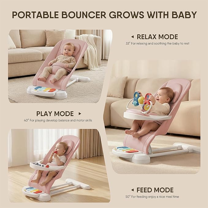 Monamii Baby Bouncer, Baby Bouncer Seat with Detachable Pianos & Feeding Tray, 3-Level Adjustable Positions Bouncing Seat, Infant Bouncer Seat and Toddler Chair (Pink)