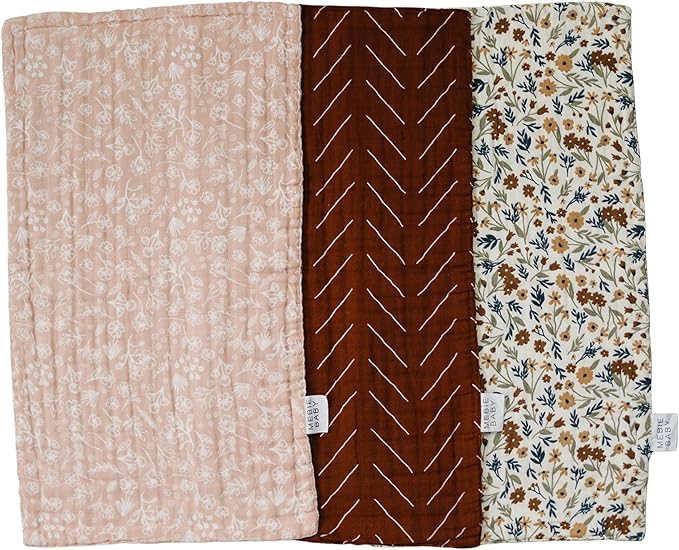 Mebie Baby Burp Cloths, Floral Print 3-Pack, Muslin Burp Cloth Set for Spit Up, Drool, and More, Boho Burp Cloths for Baby Boy and Girl, Baby Must Haves for Registry Lists and Gifts for Newborns