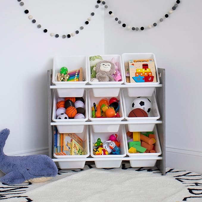 Humble Crew 9-Bin Toy Organizer ??Slate Grey Wood Grain/White Plastic Bins, 3-Tier Storage Solution for Kids' Playrooms and Nurseries