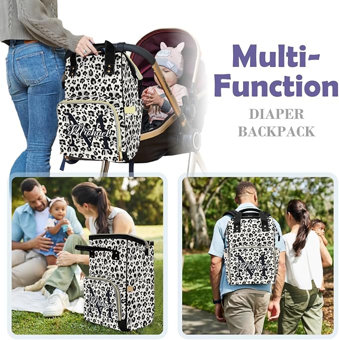 Personalized Diaper Changing Backpack - Upgraded Large Capacity with Insulated Pockets - Baby Bag for Girls, White Leopard