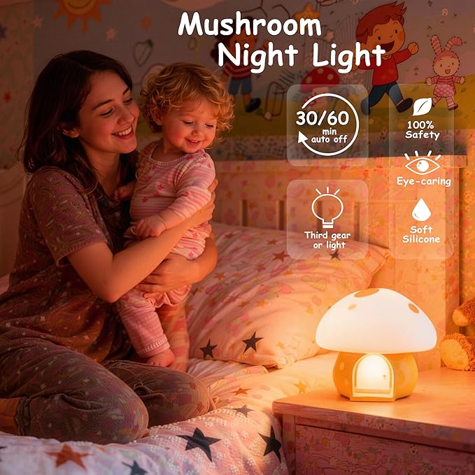Kids Night Light, Mushroom Bunny Silicone Nursery Lamp, Tap Control 3-Level Dimmable, 30/60Min Timer, 1200mAh Rechargeable Cordless LED Bedside Sleep Light for Toddler Baby Bedroom