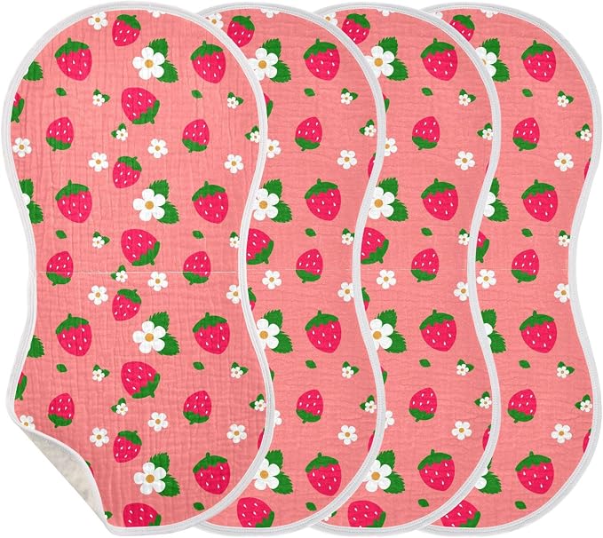 Muslin Burp Cloths for Baby Boys and Girls - 4-Pack Ultra Absorbent Strawberry Muslin Washcloths, Newborn Towel, Milk Spit Up Rags, Burp Cloth Bib for Unisex, 22 x 11 Inch