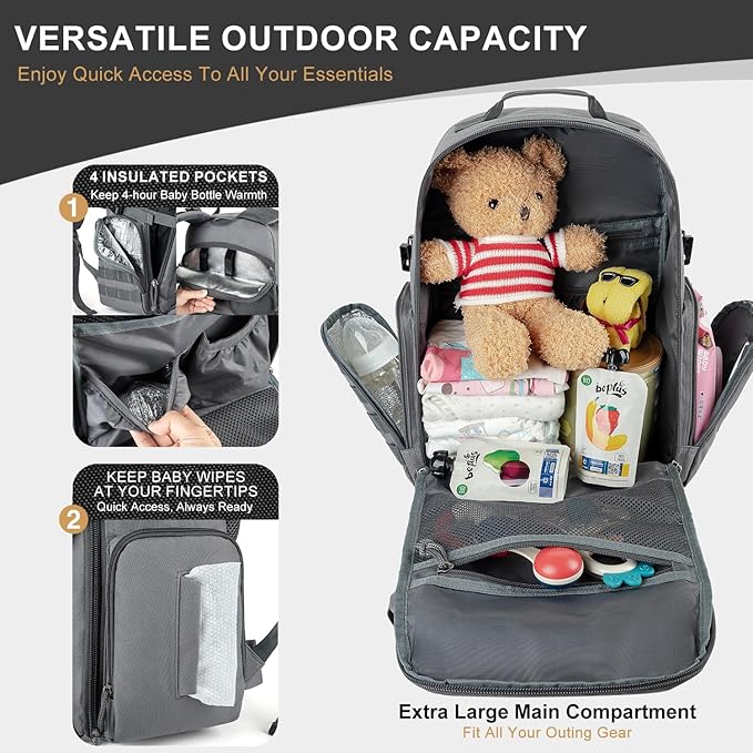 MIRACOL Dad Diaper Bag Military - Tactical Baby Backpack with Changing Pad for Outdoor Baby Care - Water-Resistant Fabric & MOLLE System Ideal for Travel Hiking Parks Grey