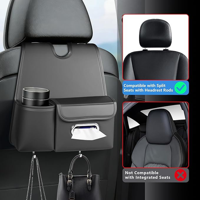 Upgrade Seat Back Organizer for Car ??PU Leather Multi-Pocket Hanging Storage Bag with Bottle Holder & Travel Tidy Pouch Pocket Kids, Tissue Holder Large-Capacity Backseat Organizer , Black 1PC