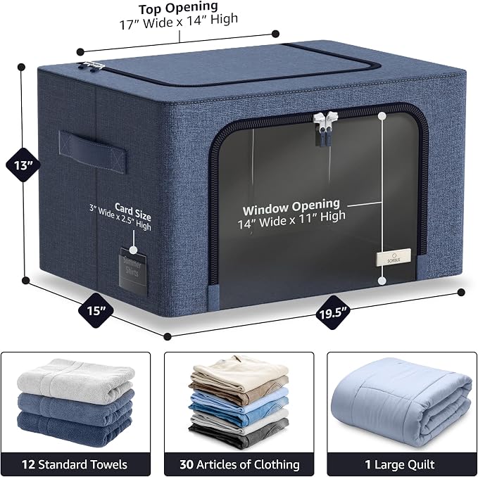 Sorbus Storage Bins with Metal Frame - Stackable & Foldable Clothes Organizer Bags - Oxford Fabric Storage Containers with Large Clear Window & Carry Handles Organization for Bedding Linen & Clothing