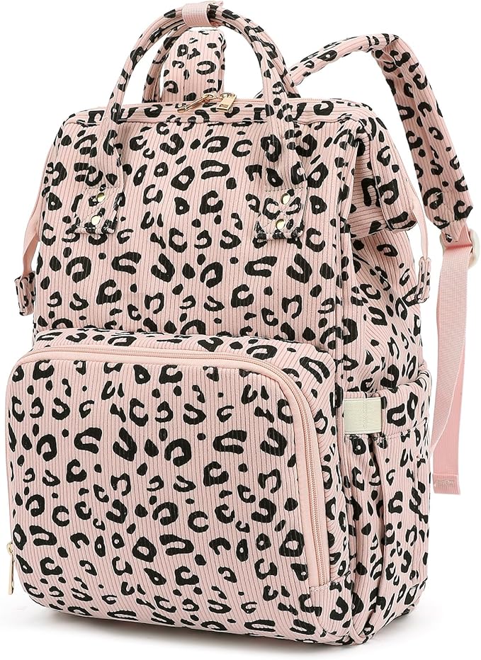 Corduroy Diaper Bag Backpack for Baby Girls Boys, Women Large Nappy Bags for Mom (Pink Corduroy Leopard)