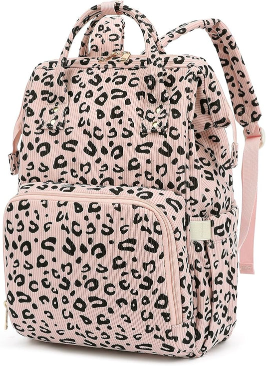 Corduroy Diaper Bag Backpack for Baby Girls Boys, Women Large Nappy Bags for Mom (Pink Corduroy Leopard)