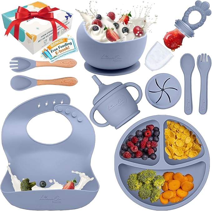 Silicone Baby Feeding Set, 10 Pcs Baby Led Weaning Supplies | BPA-Free Baby Dishes with Toddler Plates and Bowls Set, Silicone Bib, Suction Cup, Baby Spoons & Forks | Empower Independence ??Gray
