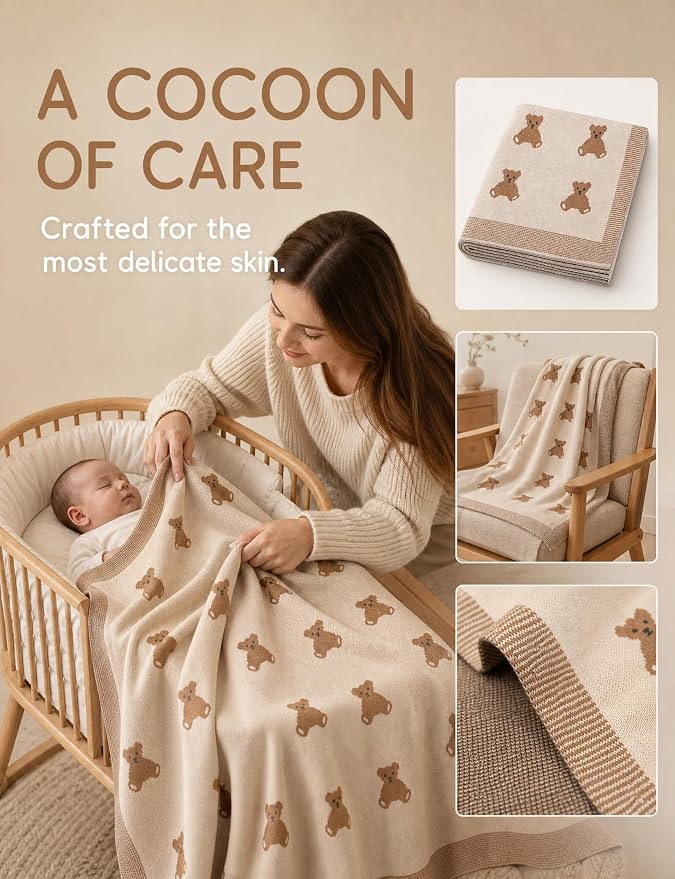 Organic Cotton Baby Blanket - Soft Luxury Knit Receiving Blanket for Newborns & Toddlers, Cozy Breathable Stroller Blanket with Pattern, Unisex, 30x40Inch（Bear-Khaki）