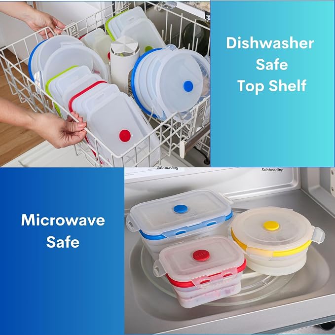 ECOBERI Collapsible Food Storage Containers, Silicone 5 Piece Set, 12/17/27/40 oz, BPA-Free Meal Prep Containers with Airtight Lids, Space-Saving, Freezer and Dishwasher Safe