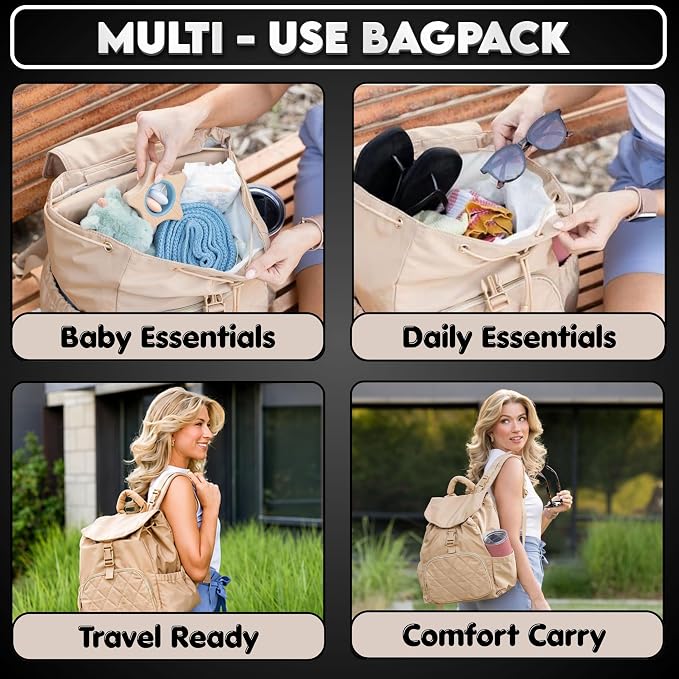 Diaper Bag Backpack for Mom & Dad - Large Baby Bag with Changing Pad & Stroller Straps - Laptop Pocket & Bottle Holder - Polyester, Water-Resistant & Travel Diaper Backpack - Soft Shell - Biege Color