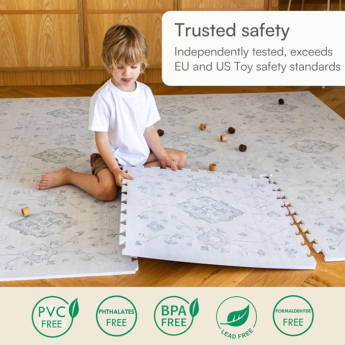 Lillefolk Baby Play Mat for Floor – 6x6ft Vintage Gray | PFAS Free Non Toxic Premium EVA Foam Tiles for Tummy Time, Crawling & Playpen – No Loose Edges Interlocking Mat for Babies & Toddlers (9 Tiles)
