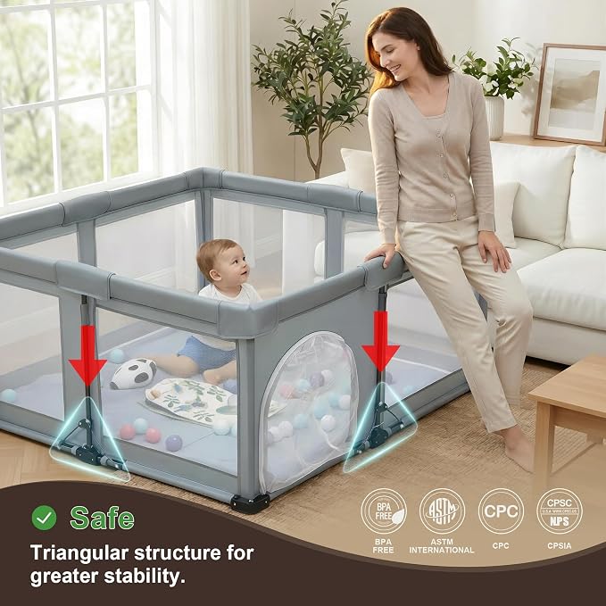 Foldable Playpen with Detachable Thicken Mat,50x50 Inches Portable Playpen,Collapsible Play Pen for Babies and Toddlers,Indoor & Outdoor Baby Fence Play Area,Cold Gray