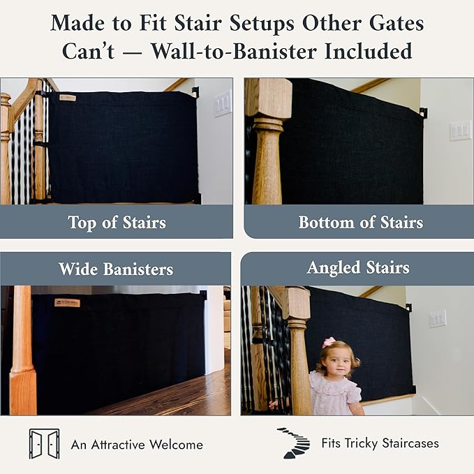 The Stair Barrier First Fabric Wall to Banister Baby Gate for Stairs 43”–52” Wide x 32” Tall – Dog Gate for Stairs, for Top or Bottom Staircase, Machine-Washable, Climb Proof, Designed in USA – Black