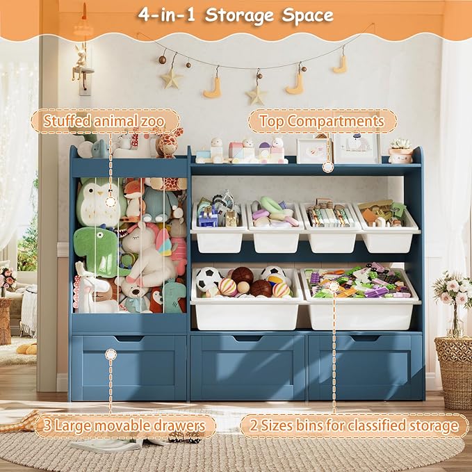 50.6" W Large Toy Storage, Kids Toy Organizer Shelf with Stuffed Animal Zoo, 6 Plastic Bins, 3 Rolling Boxes, Wooden Toddler Toy Bookshelf Organization Shelves for Kids Room, Bedroom (Blue)