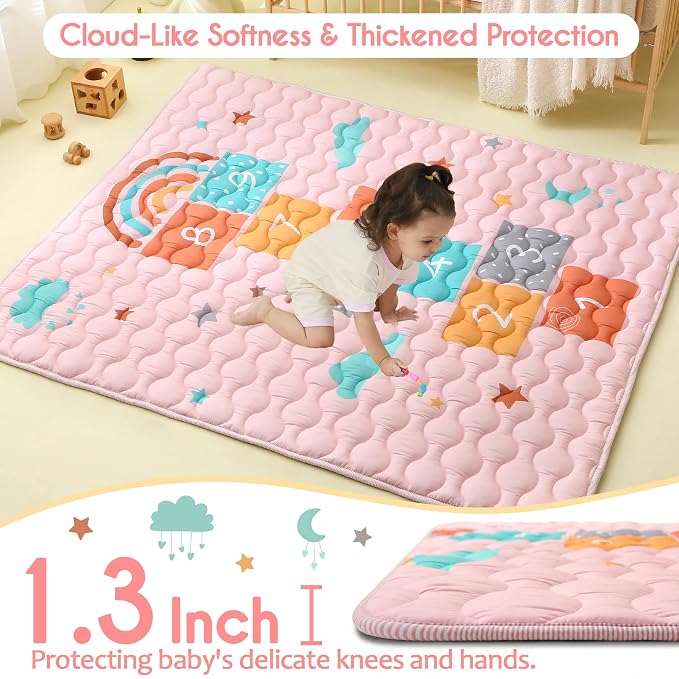 Viviland Baby Mats for Floor, 50x50 Inch Playpen Mat, Thick Playmat for Baby and Toddlers Infants, Non-Slip & Machine Washable, Cloud Hopscotch
