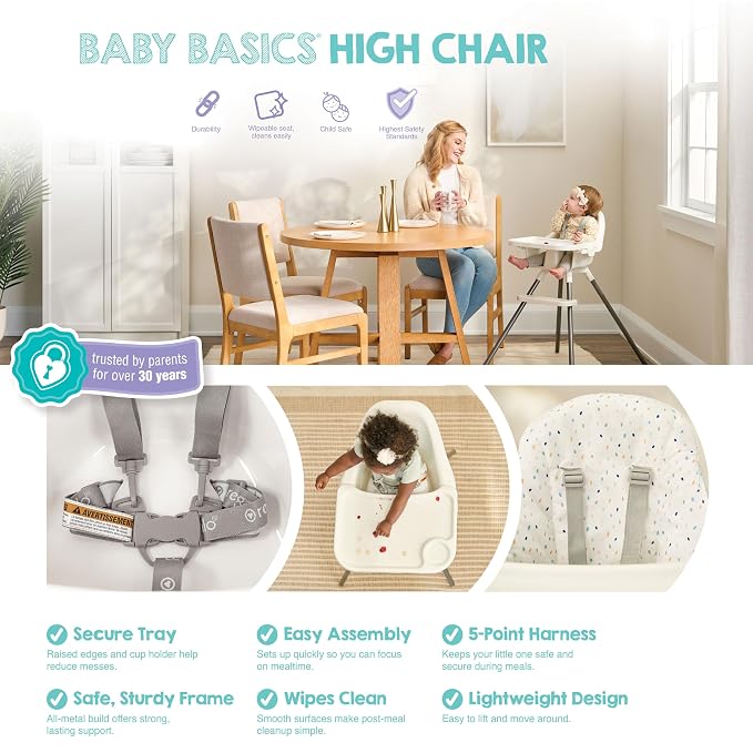 Regalo Baby Basics® High Chair for Babies and Toddlers, Baby High Chair with Removable Oversized Tray & Cup Holder, 5-Point Harness, Easy to Clean Toddler High Chair, White