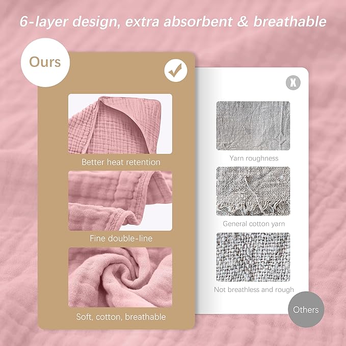 SWEET DOLPHIN Muslin Hooded Baby Bath Towels - 2 Pack 100% Cotton Towel for Babies, Infants, Toddlers - 32x32Inch - Highly Absorbent and Newborn Essential, Light Sakura
