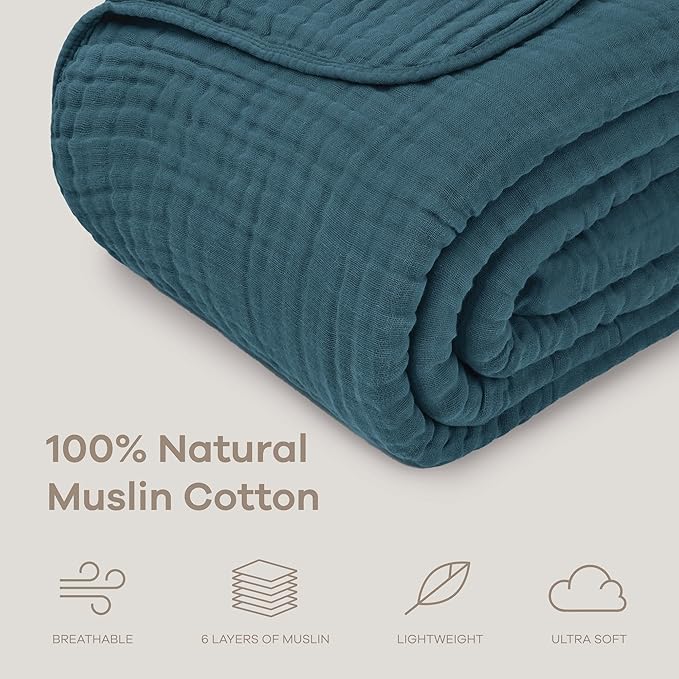 Comfy Cubs Muslin Blanket for Adults Queen 90" x 90" - 6 Layer Soft, Breathable & Lightweight Muslin Adult Blanket - Machine Washable & Designed in The US Bedding for All Seasons - Neptune