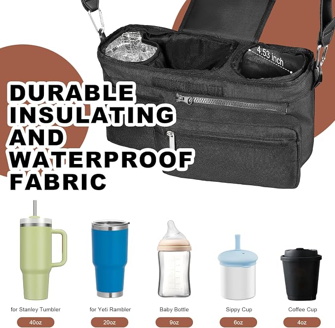 Universal Stroller Organizer with Insulated Cup Holder, Stroller Caddy with Detachable Bag & Shoulder Strap, Stroller Attachment Non-Slip Secure Hooks Accessories Fits Most Strollers