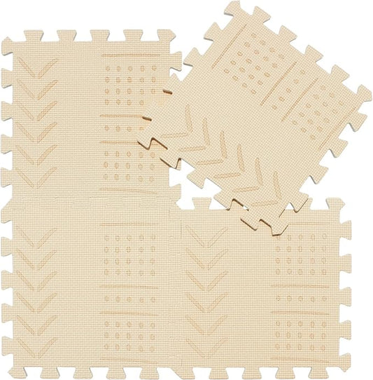 qqpp EVA 18 Tiles Baby Play Mat for Playing, Interlocking Foam Floor Mats for Tummy Time & Crawling, Puzzle Flooring Tiles with Laser Pattern for Kids. Beige. QL-91(J) b18N